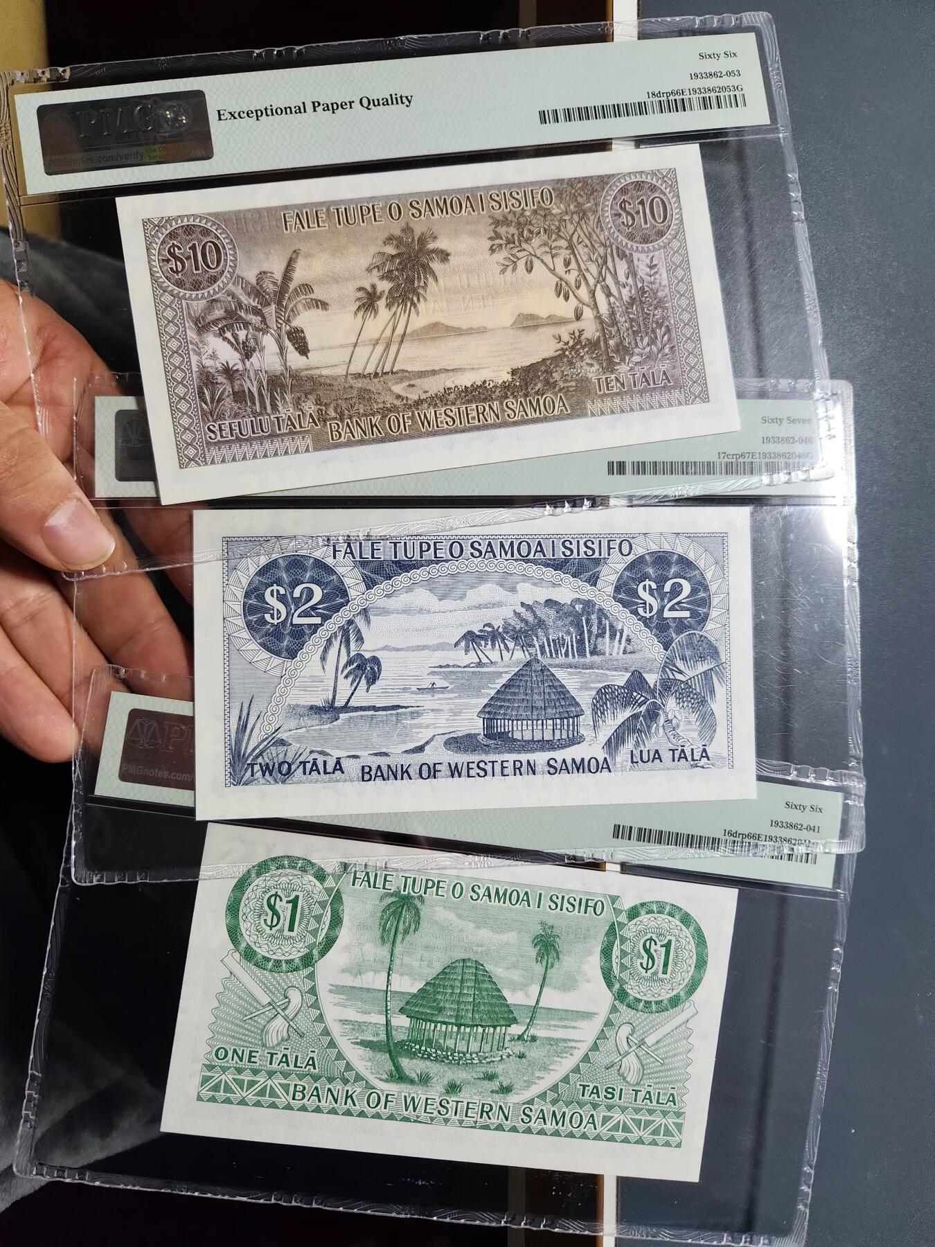 12月5号晚上8点 评级币专场外国纸币自动截拍第68场 西萨摩亚 1967年1,2,10塔拉 PMG66,67 全套
