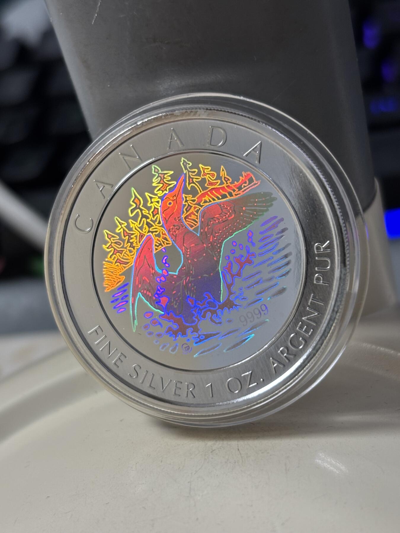 第184期拍卖 加拿大2002年潜鸟全息彩色1盎司纪念银币，9999银银价431，发行30000枚，有氧化