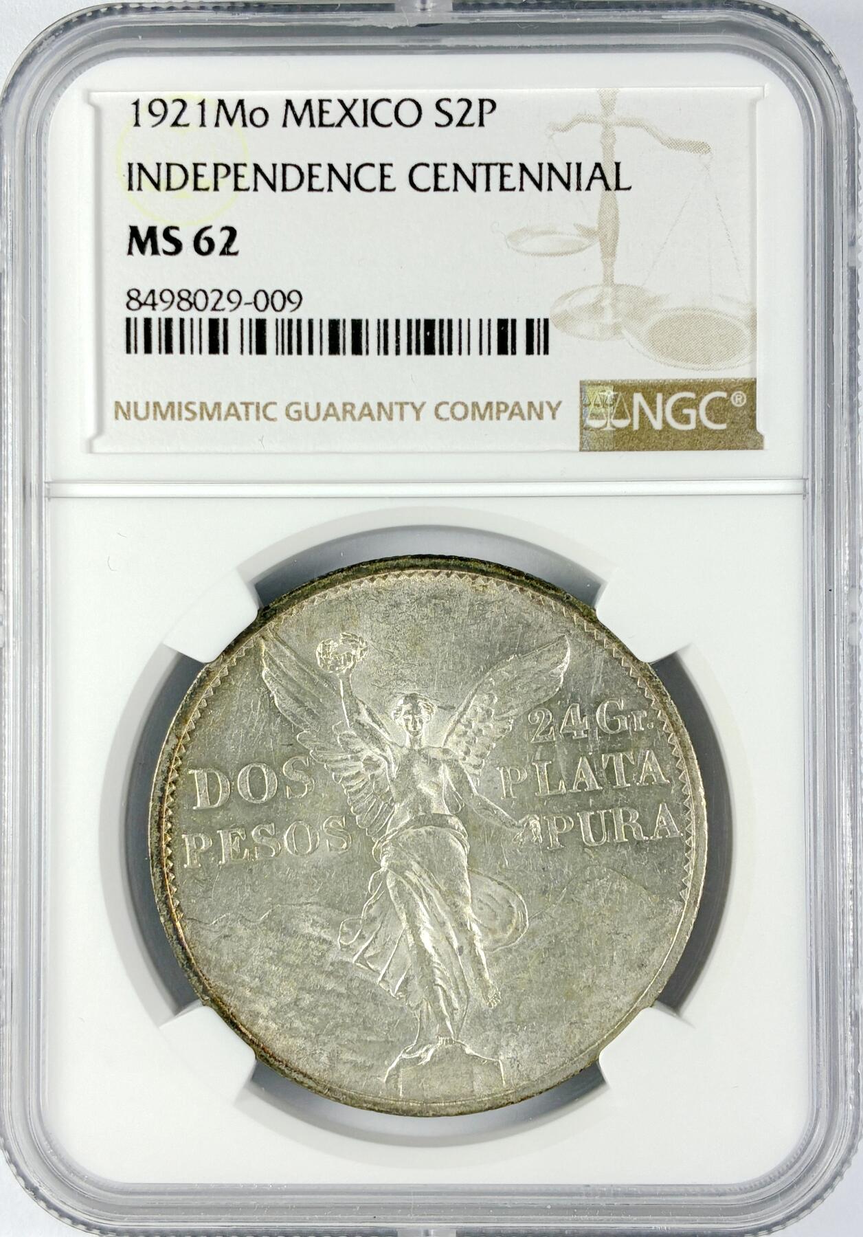 【雨安】【直播拍卖】【世界币章119期-评级币】2025-12-06 周六 19:30 保真 [评级美洲] Mexico 墨西哥 2比索 KM#462 1921年 独立百年.天使  NGC-MS62