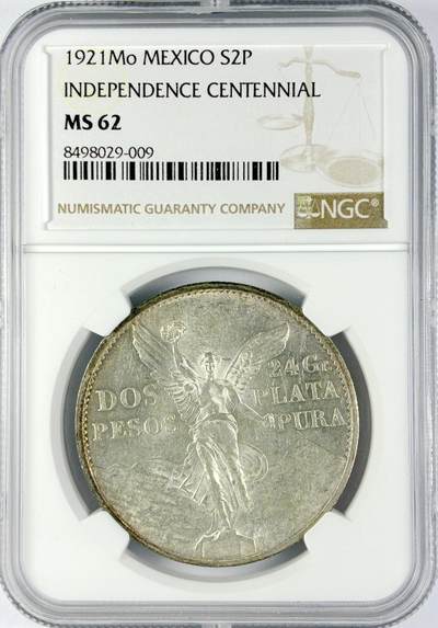 【雨安】【直播拍卖】【世界币章119期-评级币】2025-12-06 周六 19:30 保真 - [评级美洲] Mexico 墨西哥 2比索 KM#462 1921年 独立百年.天使  NGC-MS62