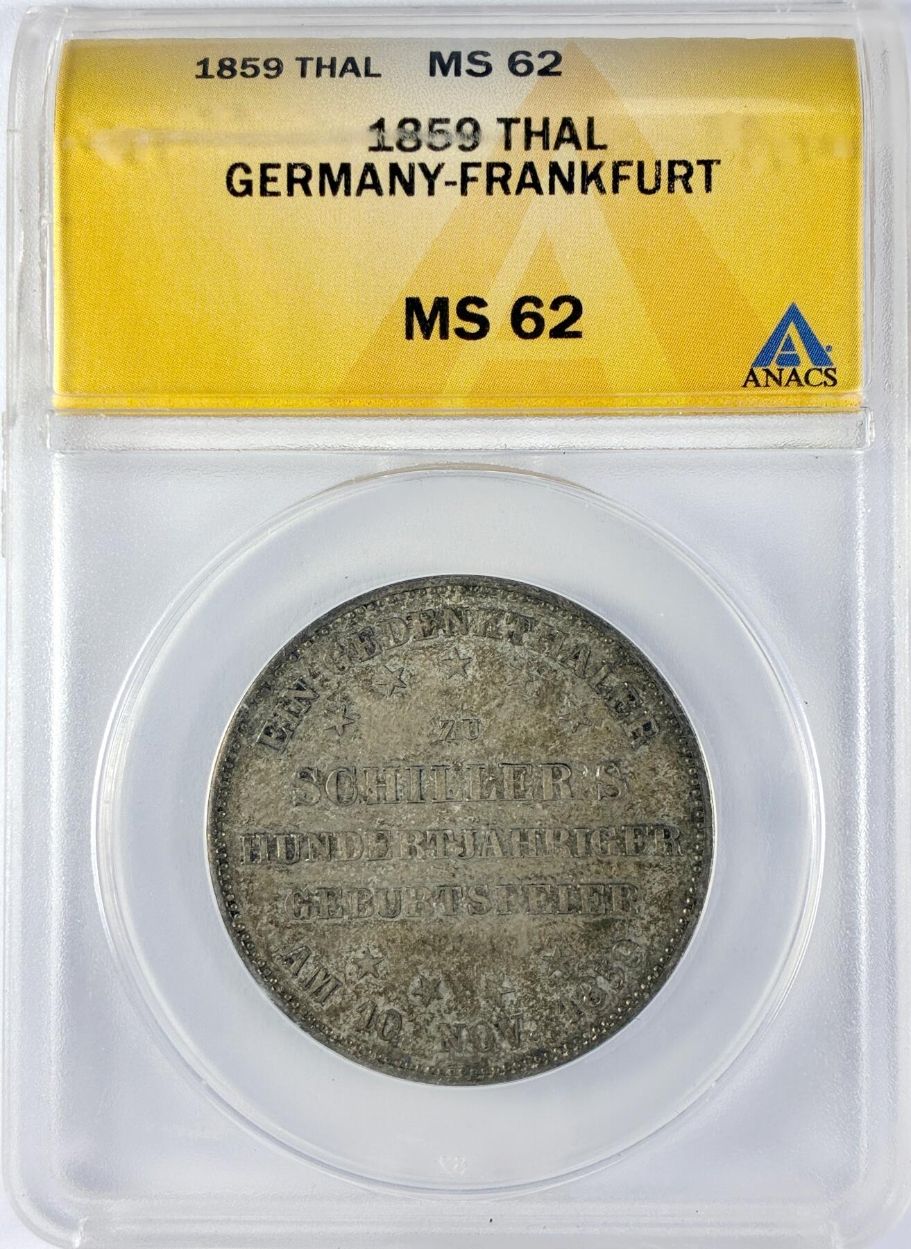 【雨安】【直播拍卖】【世界币章119期-评级币】2025-12-06 周六 19:30 保真 [评级德国] Germany 德国 德意志 1泰勒 法兰克福 1859年 ANACS-MS62 原味淡彩包浆 品相一流 非常难得