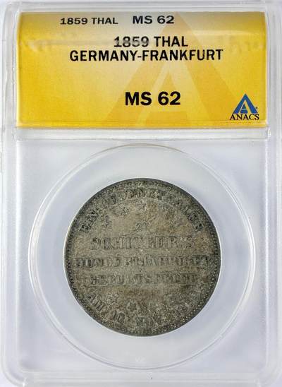 【雨安】【直播拍卖】【世界币章119期-评级币】2025-12-06 周六 19:30 保真 - [评级德国] Germany 德国 德意志 1泰勒 法兰克福 1859年 ANACS-MS62 原味淡彩包浆 品相一流 非常难得