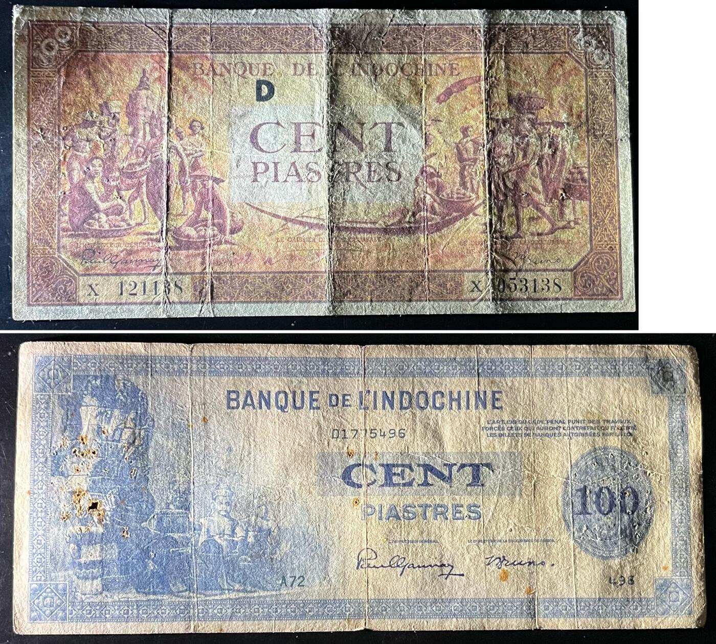 小福收藏拍卖第197期 裸钞场 本期有多张豹子号靓号 百慕大03年50元纪念钞百位号 马来亚和英属婆罗洲开国第一张纸币大冠女王 马来亚 41年1元英王乔六 法属太平洋10000法郎 捷克1000克朗纪念钞千位号  卢森堡 1000法郎  萨尔瓦多样钞 匈牙利 法罗群岛 危地马拉等多国精美纸币 法属印度支那 1942-45年 100皮阿斯特 首版 背面红色版 无47尾8+1945年 100皮阿斯特 1组2张 VF