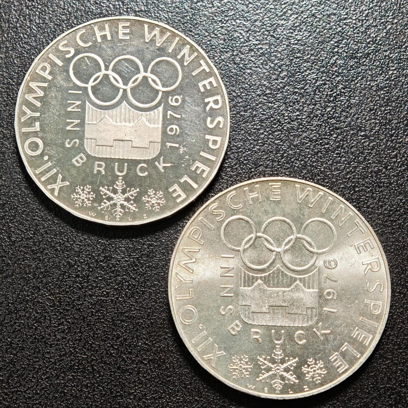 【德藏】世界币章拍卖第156期（拍品征集中~欢迎藏友联系） 2枚一组 1976年 奥地利因斯布鲁克冬季奥运会会徽100先令纪念银币 精制普制各一枚 直径约：36mm/枚；重约：23.7g/枚