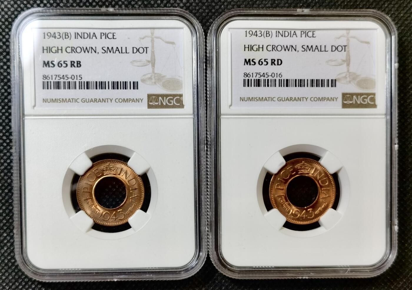 甄臻铺-世界币章拍卖（第42期）送拍享返佣金等优惠多多 NGC-MS65RD 1943年印度沙派，两枚一组，品质上乘