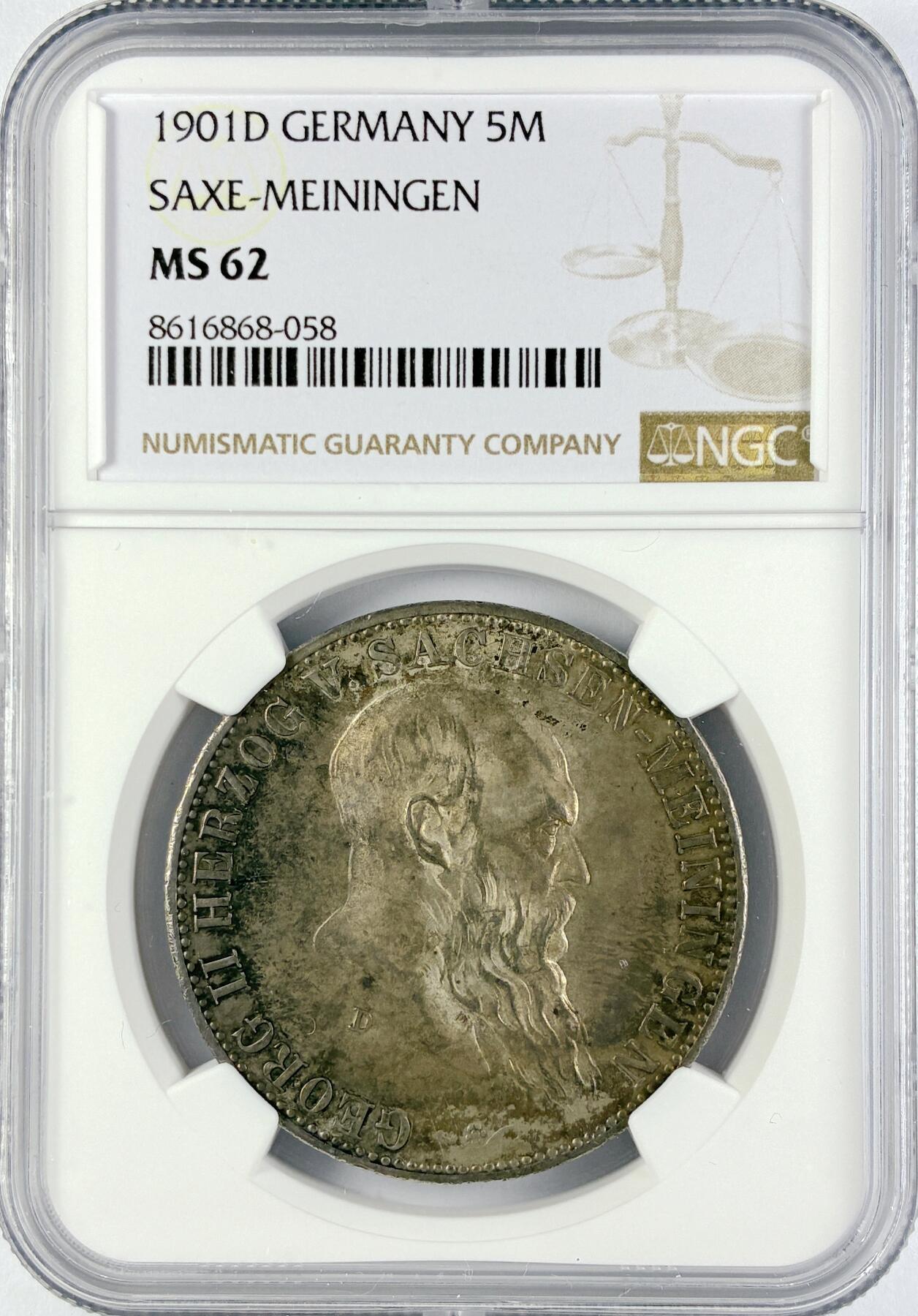 【雨安】【直播拍卖】【世界币章119期-评级币】2025-12-06 周六 19:30 保真 [评级德国] Germany 德国 帝国 J.150 萨克森-迈宁根 5马克 1901年  NGC-MS62