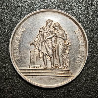 【德藏】世界币章拍卖第156期（拍品征集中~欢迎藏友联系） - 19世纪 法国结婚纪念银章 手指边铭 类镜面底板 刻字精美 直径约：39.1mm；重约：25g