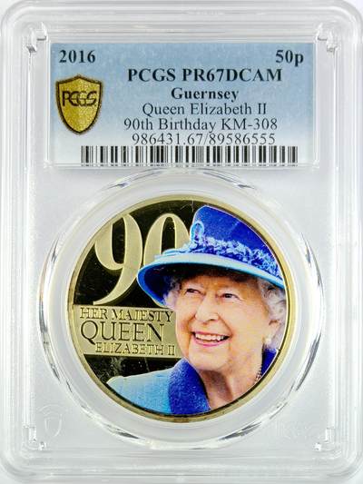 【雨安】【直播拍卖】【世界币章119期-评级币】2025-12-06 周六 19:30 保真 - [评级现代] Guernsey 根西 50便士 2016年 伊丽莎白二世90岁生日 PCGS-PR67DCAM