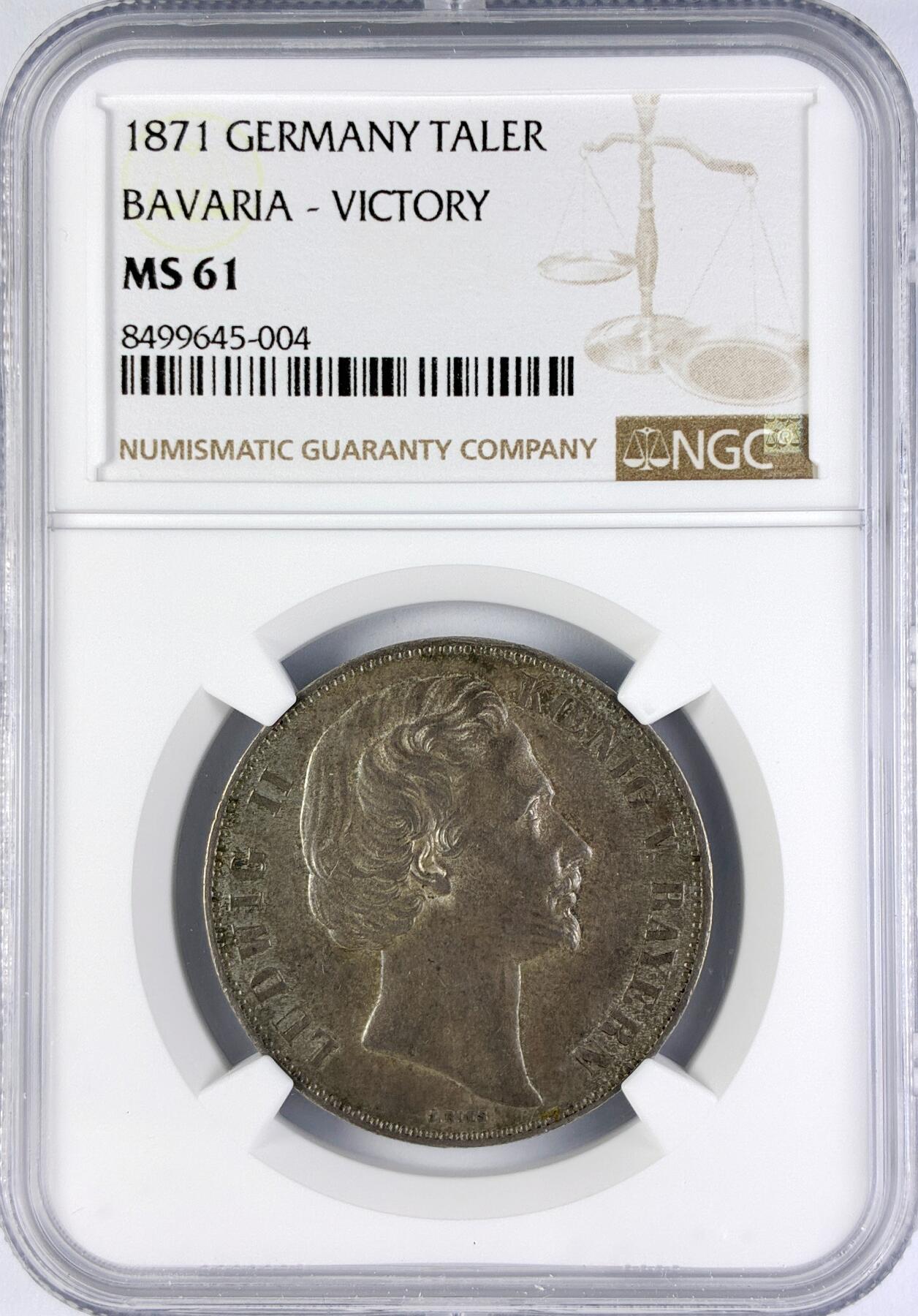 【雨安】【直播拍卖】【世界币章119期-评级币】2025-12-06 周六 19:30 保真 [评级德国] Germany 德国 德意志 1泰勒 Bavaria巴伐利亚 Thun.107 KM#0889 (1871) 普法战争 1871年  NGC-MS61 原味老包浆