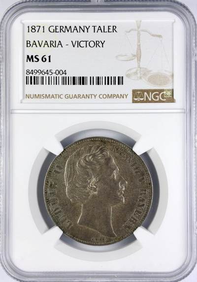 【雨安】【直播拍卖】【世界币章119期-评级币】2025-12-06 周六 19:30 保真 - [评级德国] Germany 德国 德意志 1泰勒 Bavaria巴伐利亚 Thun.107 KM#0889 (1871) 普法战争 1871年  NGC-MS61 原味老包浆