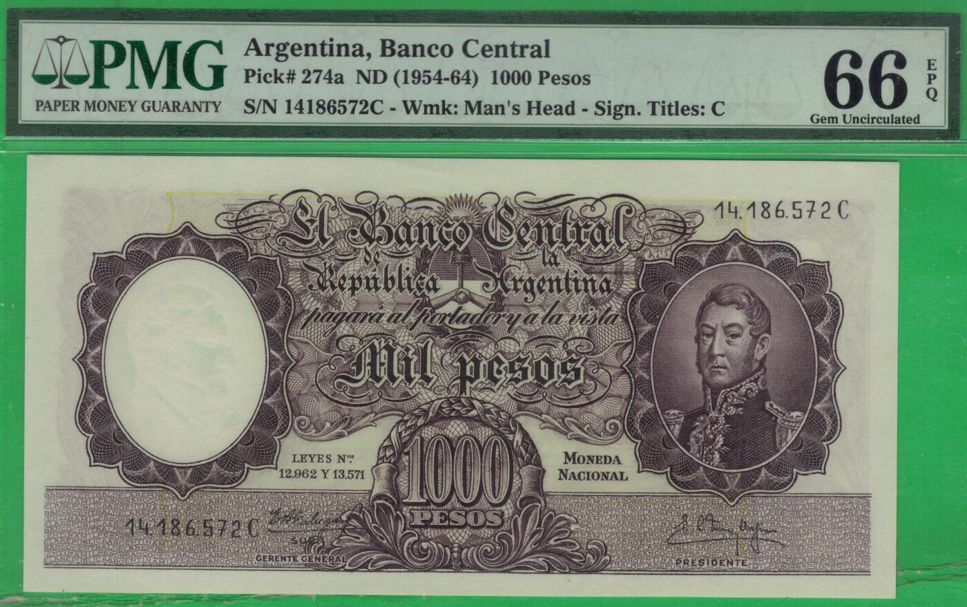 阿根廷1954年至1964年1000比索 P-274a C序列 实物图 UNC a版冠军分 注：也有资料说1955年至1965年