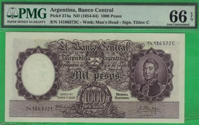 阿根廷1954年至1964年1000比索 P-274a C序列 实物图 UNC a版冠军分 注：也有资料说1955年至1965年 - 阿根廷1954年至1964年1000比索 P-274a C序列 实物图 UNC a版冠军分 注：也有资料说1955年至1965年