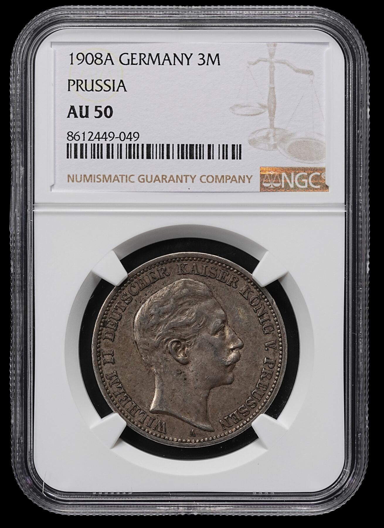 修遠堂世界钱币第九十六期 NGC AU50 1908年普鲁士流通版3马克银币