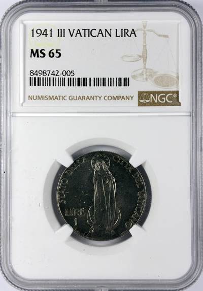【雨安】【直播拍卖】【世界币章119期-评级币】2025-12-06 周六 19:30 保真 - [评级欧洲] Vatican 梵蒂冈 1里拉 1941年  NGC-MS65