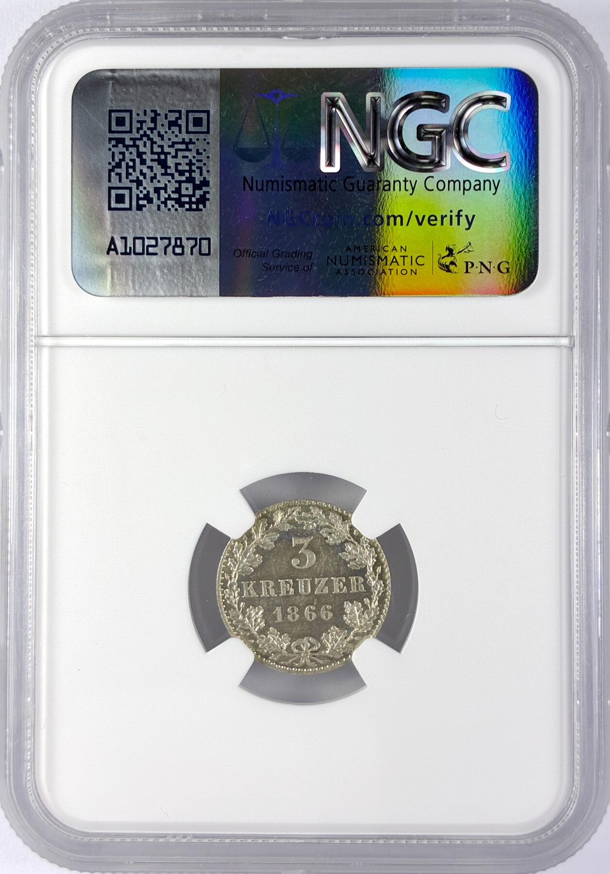 【雨安】【直播拍卖】【世界币章119期-评级币】2025-12-06 周六 19:30 保真 [评级德国] Germany 德国 德意志 法兰克福 3克鲁泽 1866年  NGC-MS64