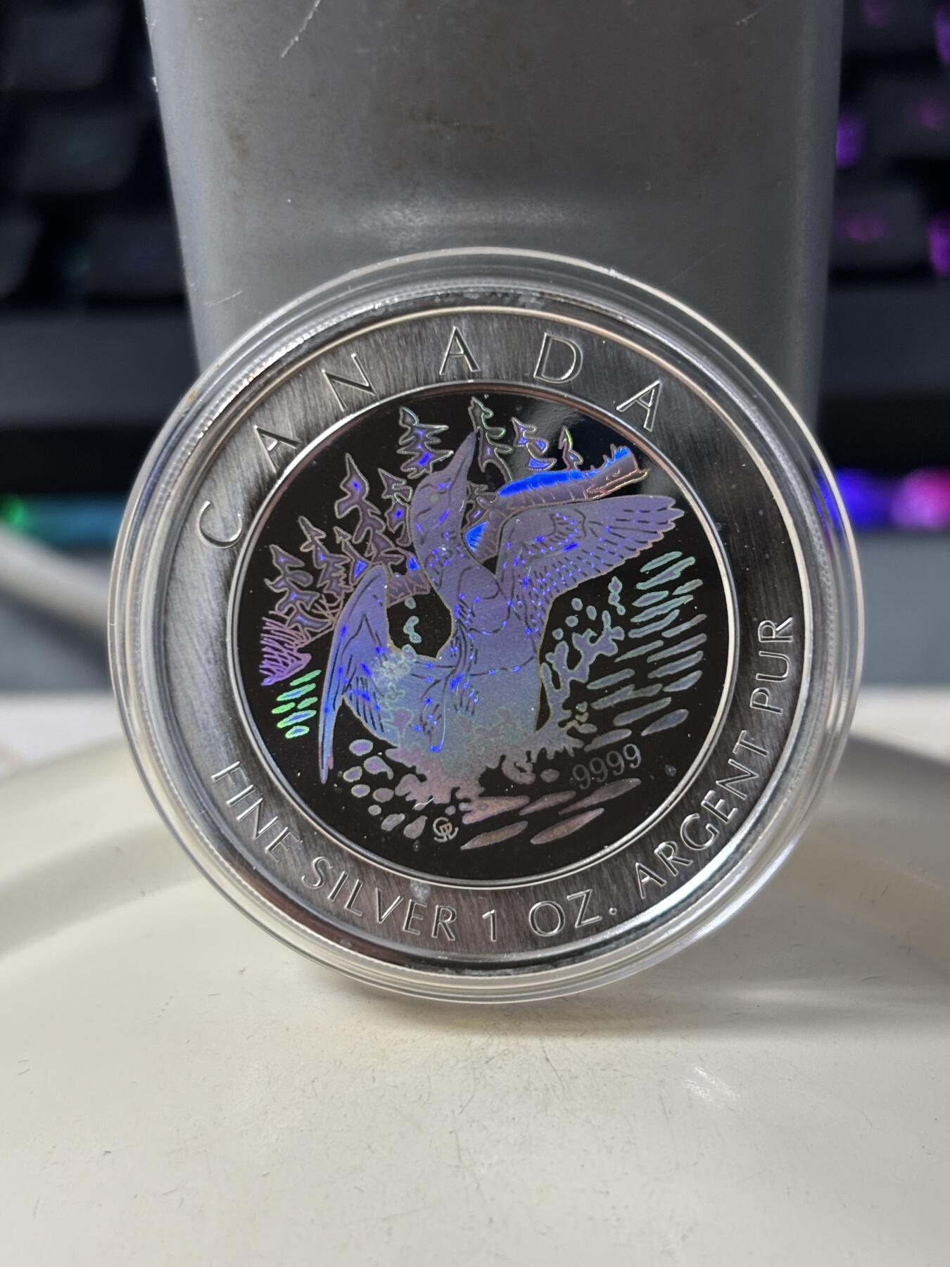 第184期拍卖 加拿大2002年潜鸟全息彩色1盎司纪念银币，9999银银价431，发行30000枚，有氧化