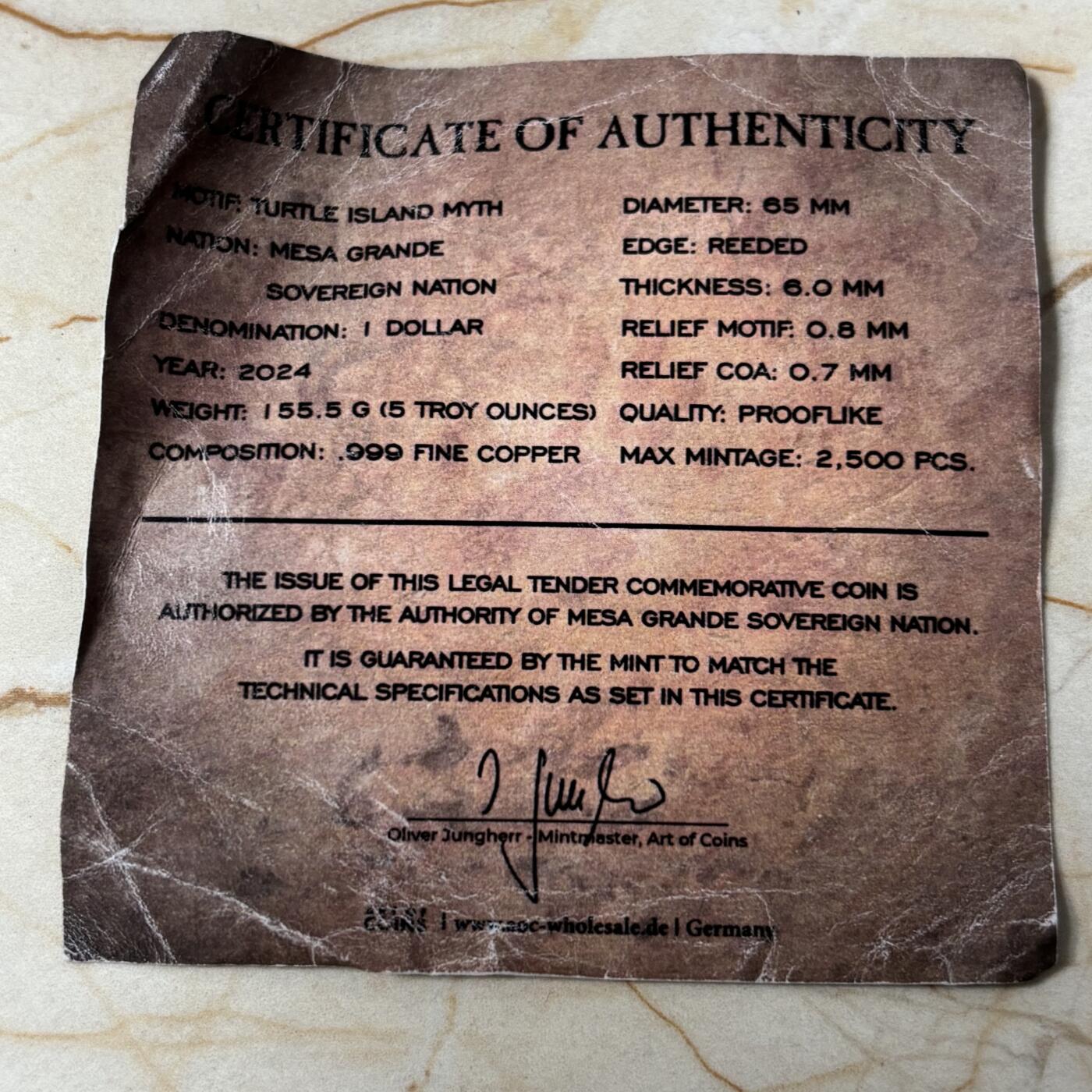 第184期拍卖 美国2024年印第安部落海龟5盎司纪念铜币带证书