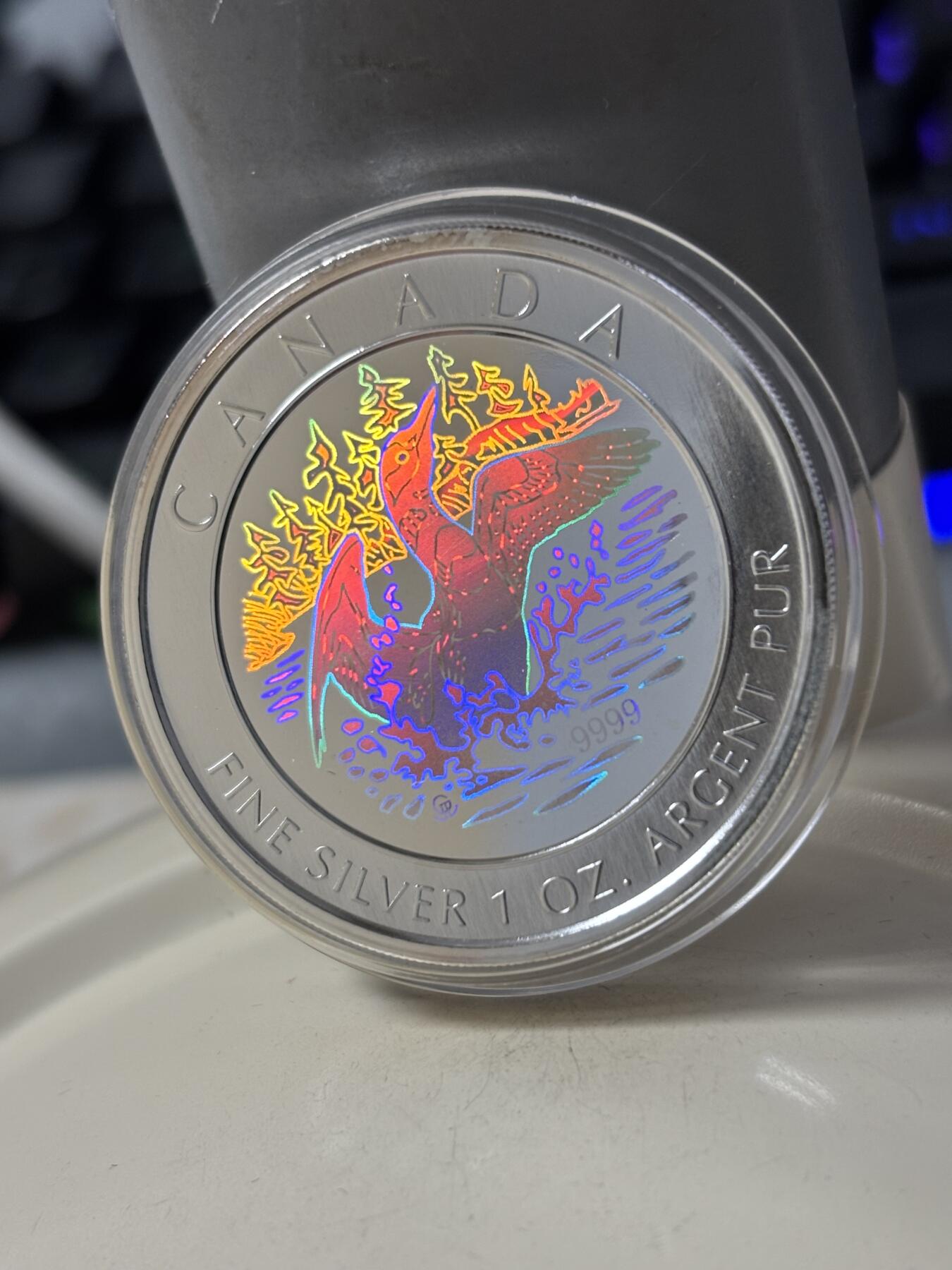 第184期拍卖 加拿大2002年潜鸟全息彩色1盎司纪念银币，9999银银价431，发行30000枚，有氧化