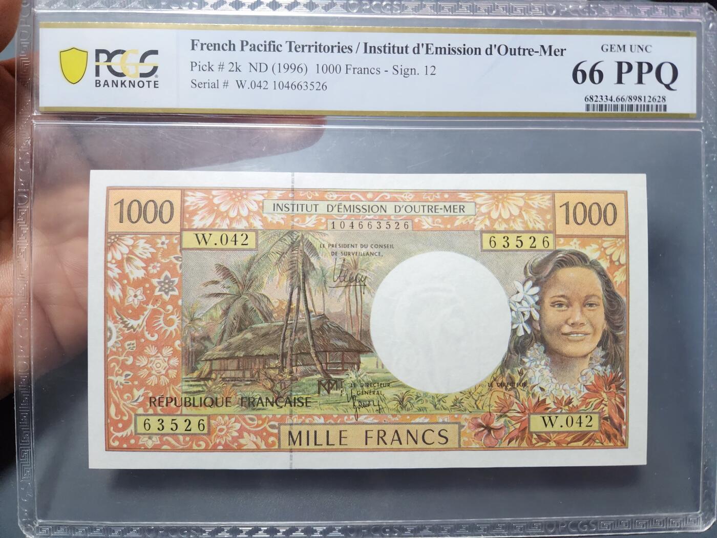 12月5号晚上8点 评级币专场外国纸币自动截拍第68场 法属太平洋1000法郎PCGS66
