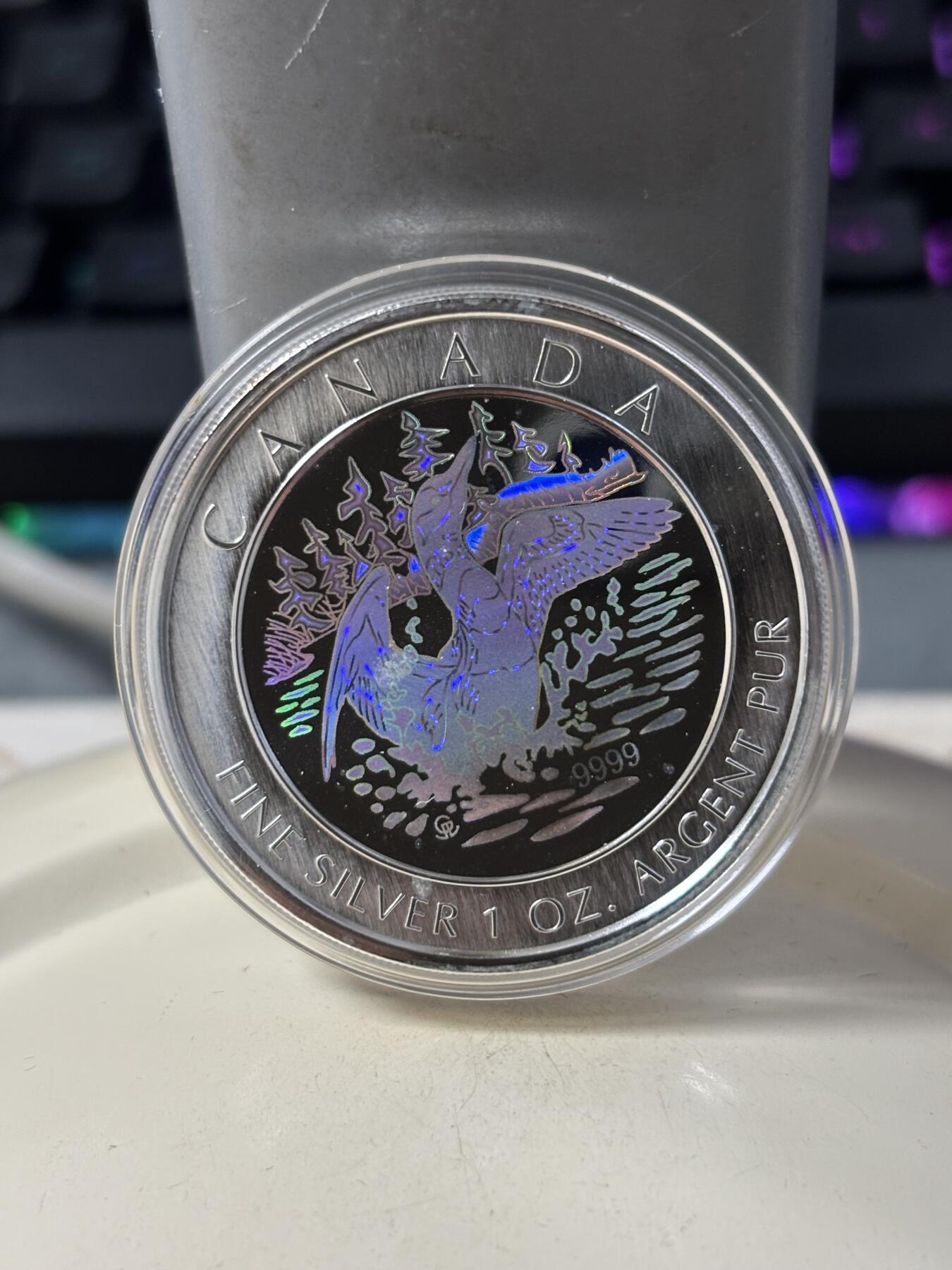 第184期拍卖 加拿大2002年潜鸟全息彩色1盎司纪念银币，9999银银价431，发行30000枚，有氧化