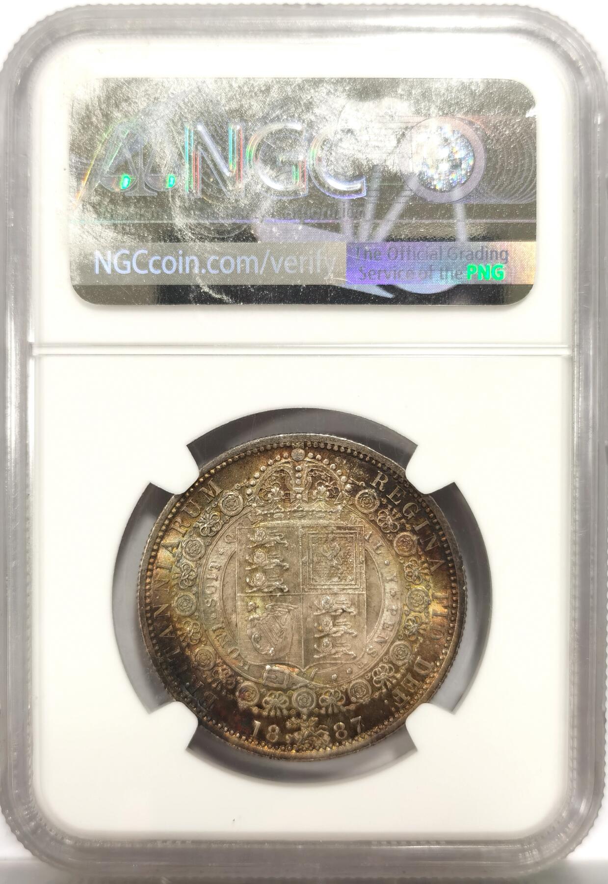 博洋堂世界钱币拍卖第150期（全场包邮） NGC MS65 英国1887年维多利亚半克朗银币，五彩黄金包浆，所见最美状态，收藏级别