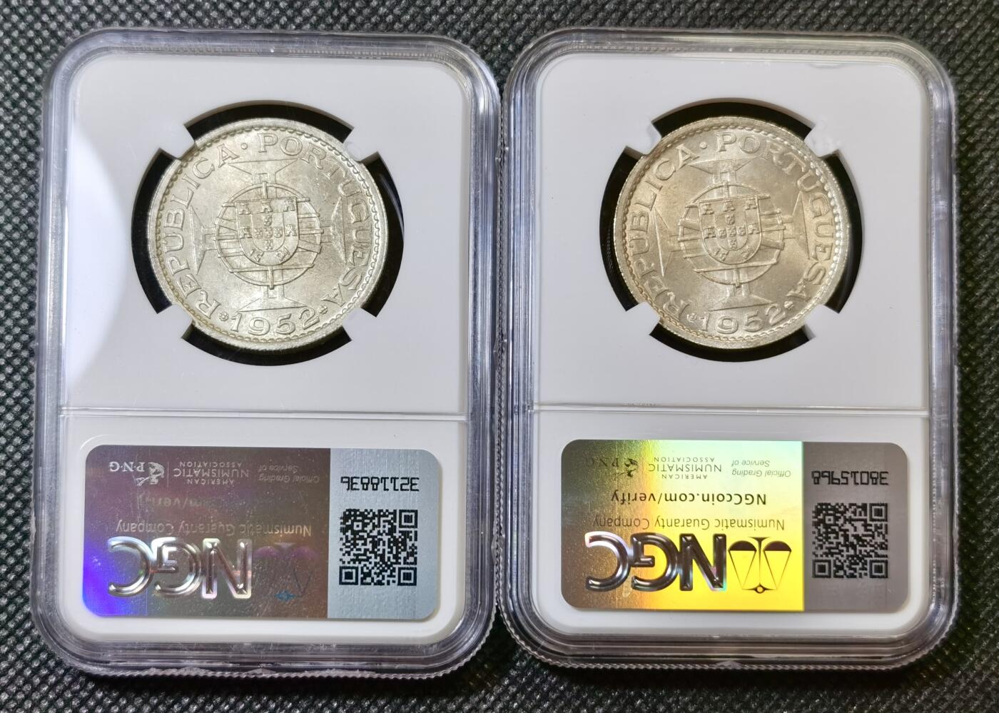 甄臻铺-世界币章拍卖（第42期）送拍享返佣金等优惠多多 NGC-MS65 1952年澳门首发伍圆，两枚一组，卷拆品相