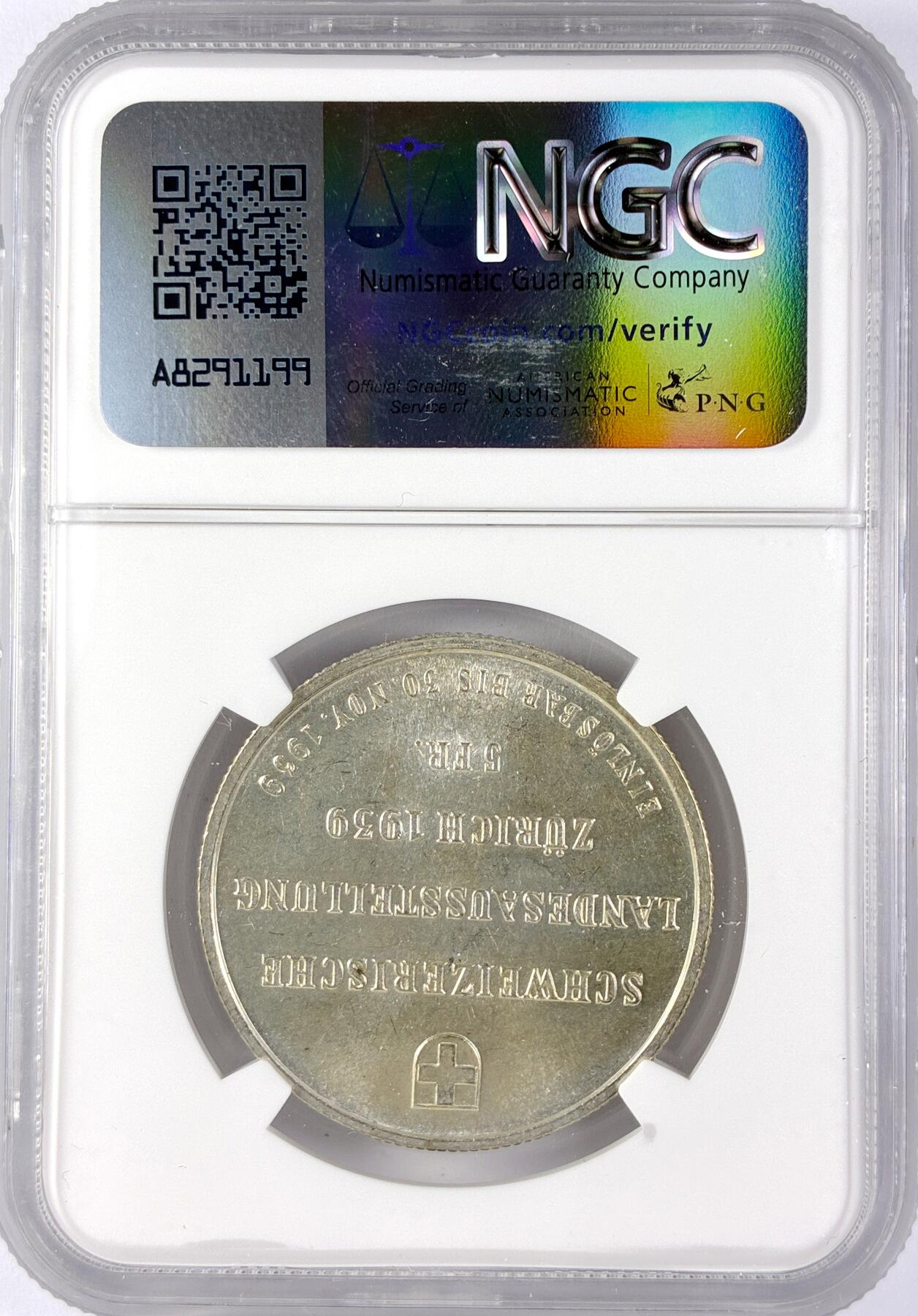 【雨安】【直播拍卖】【世界币章119期-评级币】2025-12-06 周六 19:30 保真 [评级欧洲] Switzerland 瑞士 5法郎 1939年 苏黎世博览会 KM# 43  NGC-MS64