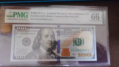 世界钱币～微拍第218期暨2025年第58期  老库存低价起拍 - 2017A年100美元彩版 豹子号666 PMG66E