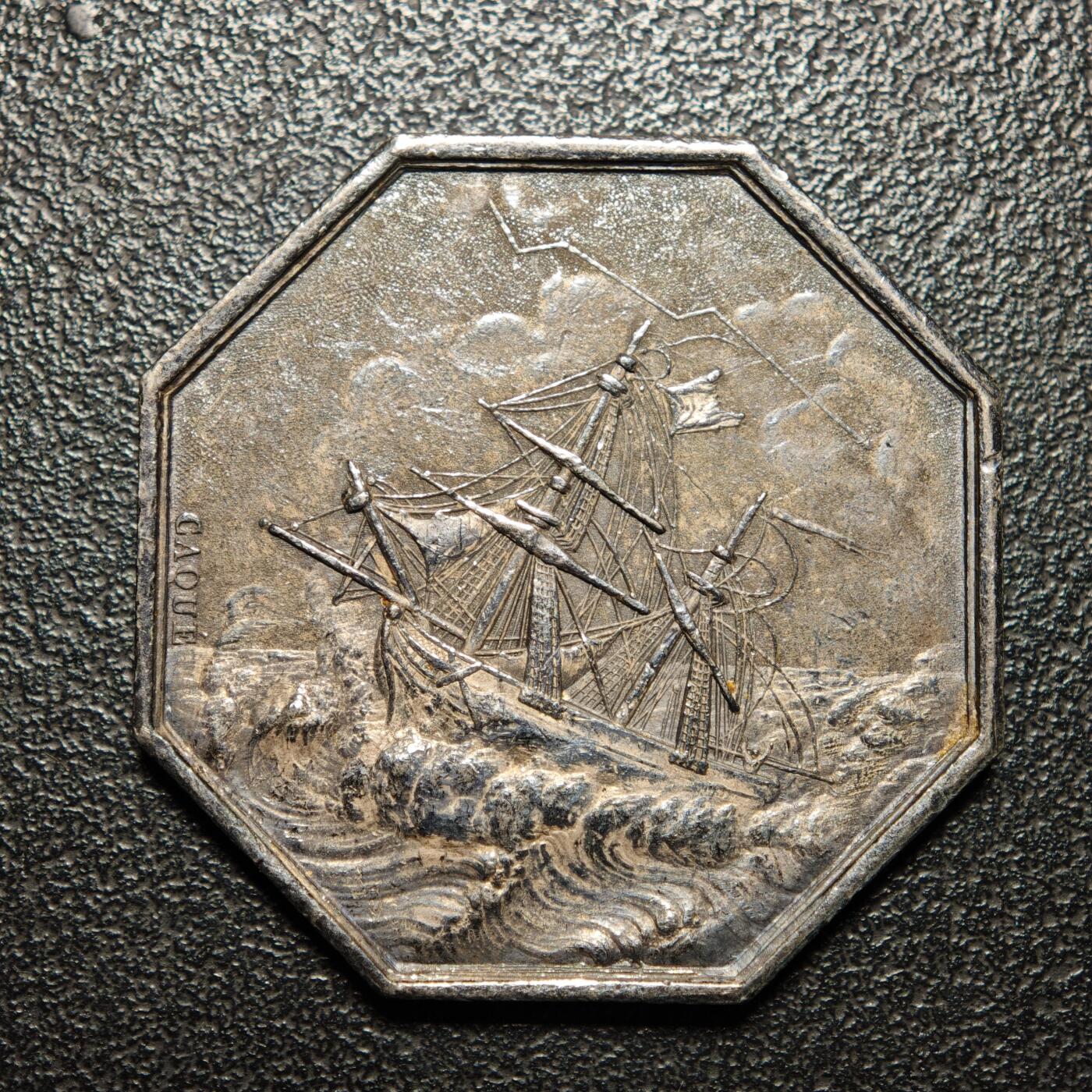 【德藏】世界币章拍卖第156期（拍品征集中~欢迎藏友联系） 名誉品 1832-1841年 法国海洋保险公司美人鱼海妖八角银质代币银章 油灯边铭 (新版法国八角代用币目录封面同款) 浓墨重彩包浆 直径约：33mm；重约：16.9g