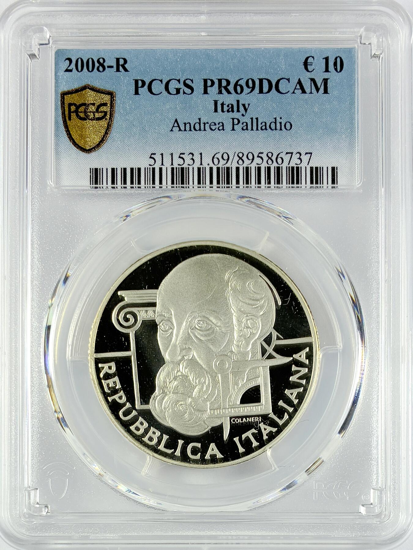 【雨安】【直播拍卖】【世界币章119期-评级币】2025-12-06 周六 19:30 保真 [评级欧元] Italy 欧元 意大利 10欧元 2008年 建筑师安德烈亚·帕拉第奥 PCGS-PR69DCAM