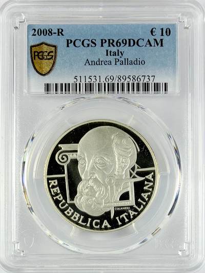 【雨安】【直播拍卖】【世界币章119期-评级币】2025-12-06 周六 19:30 保真 - [评级欧元] Italy 欧元 意大利 10欧元 2008年 建筑师安德烈亚·帕拉第奥 PCGS-PR69DCAM