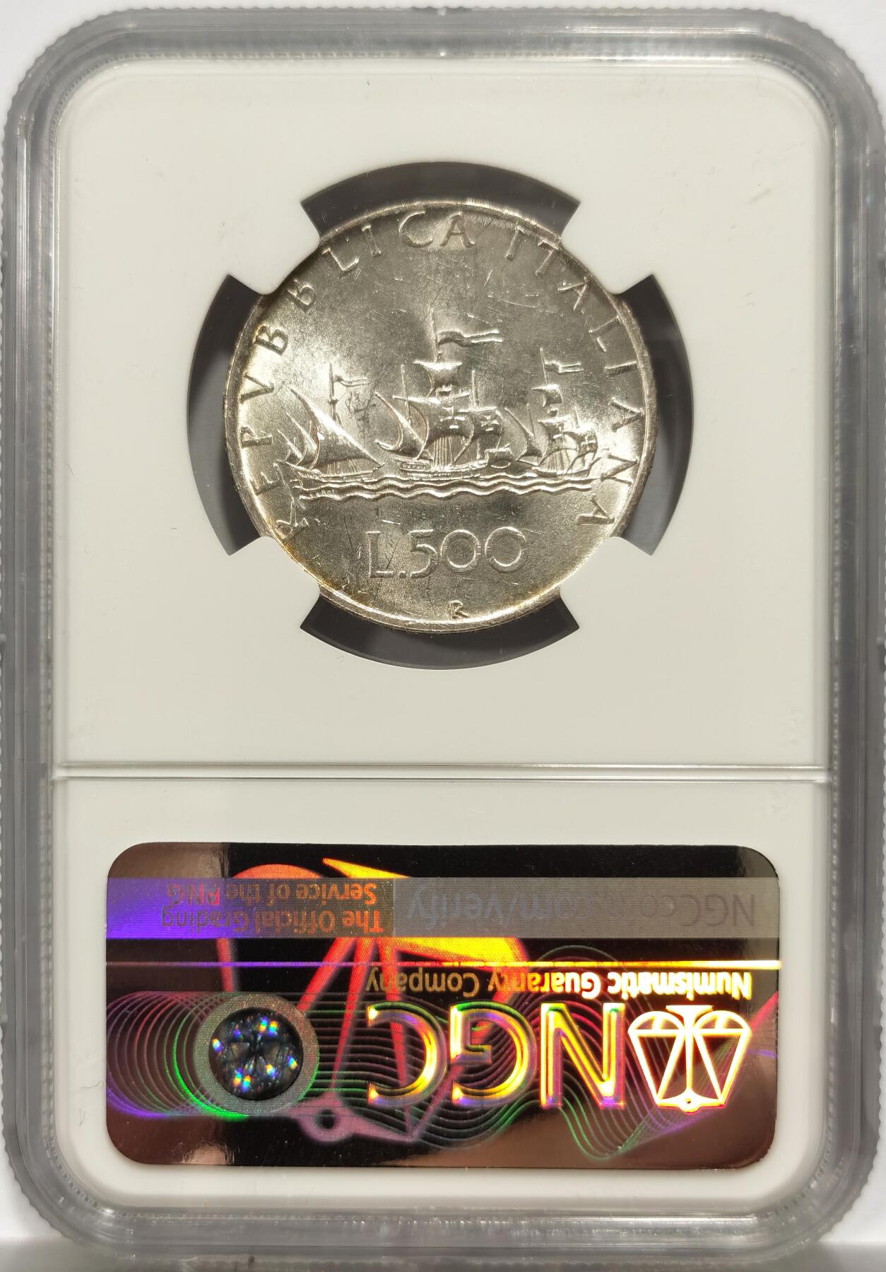 博洋堂世界钱币拍卖第150期（全场包邮） NGC MS62 意大利1958年500里拉银币，经典帆船人妻设计，代表事业与爱情，500里拉首年份
