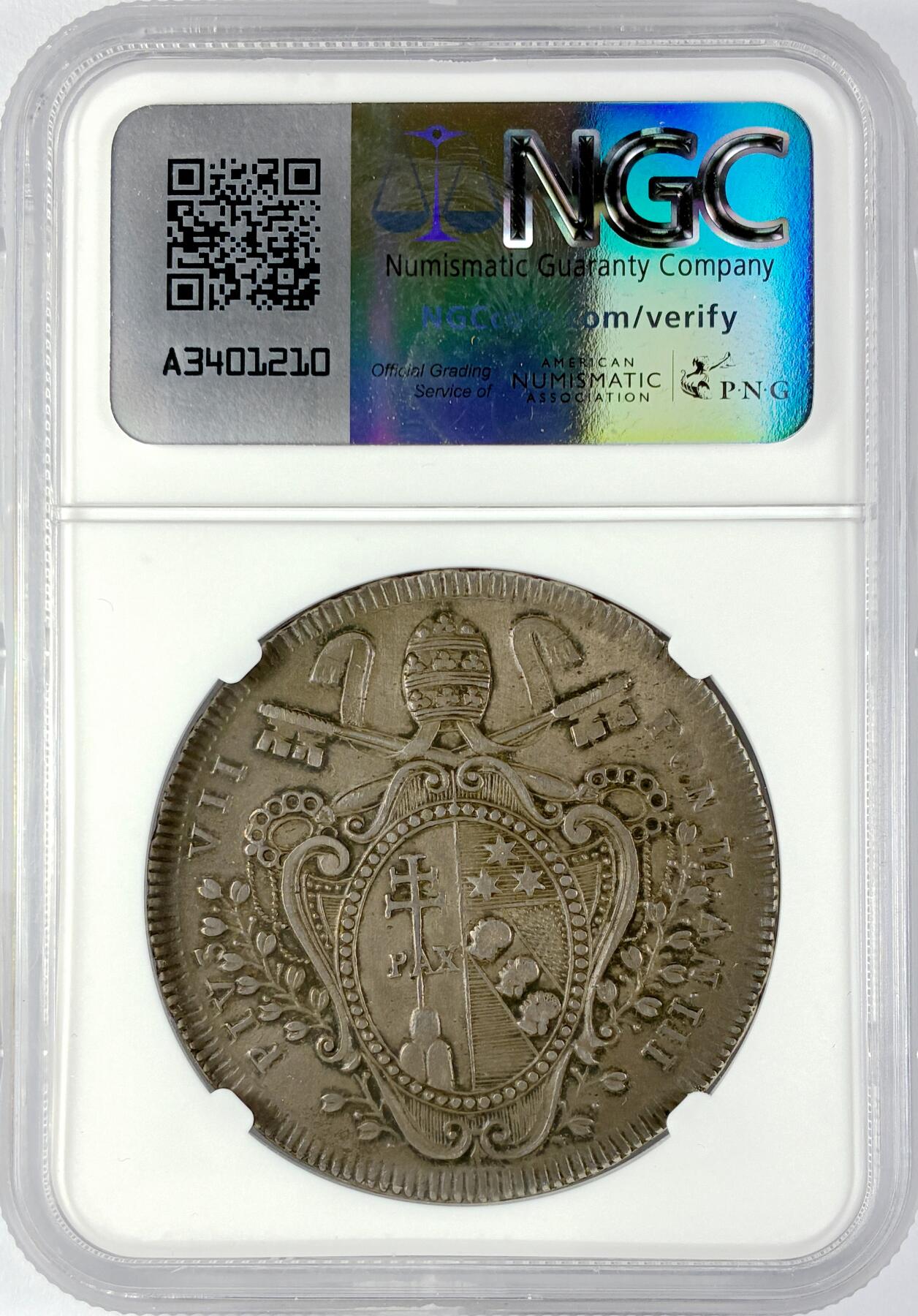 【雨安】【直播拍卖】【世界币章119期-评级币】2025-12-06 周六 19:30 保真 [评级欧洲] Italy 意大利 Papal梵蒂冈 1斯库多 1802年  NGC-XF