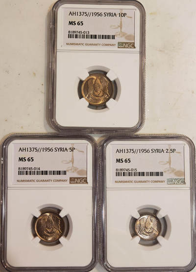 NGC-MS65 1956叙利亚共和国第一版3枚镍币 - NGC-MS65 1956叙利亚共和国第一版3枚镍币