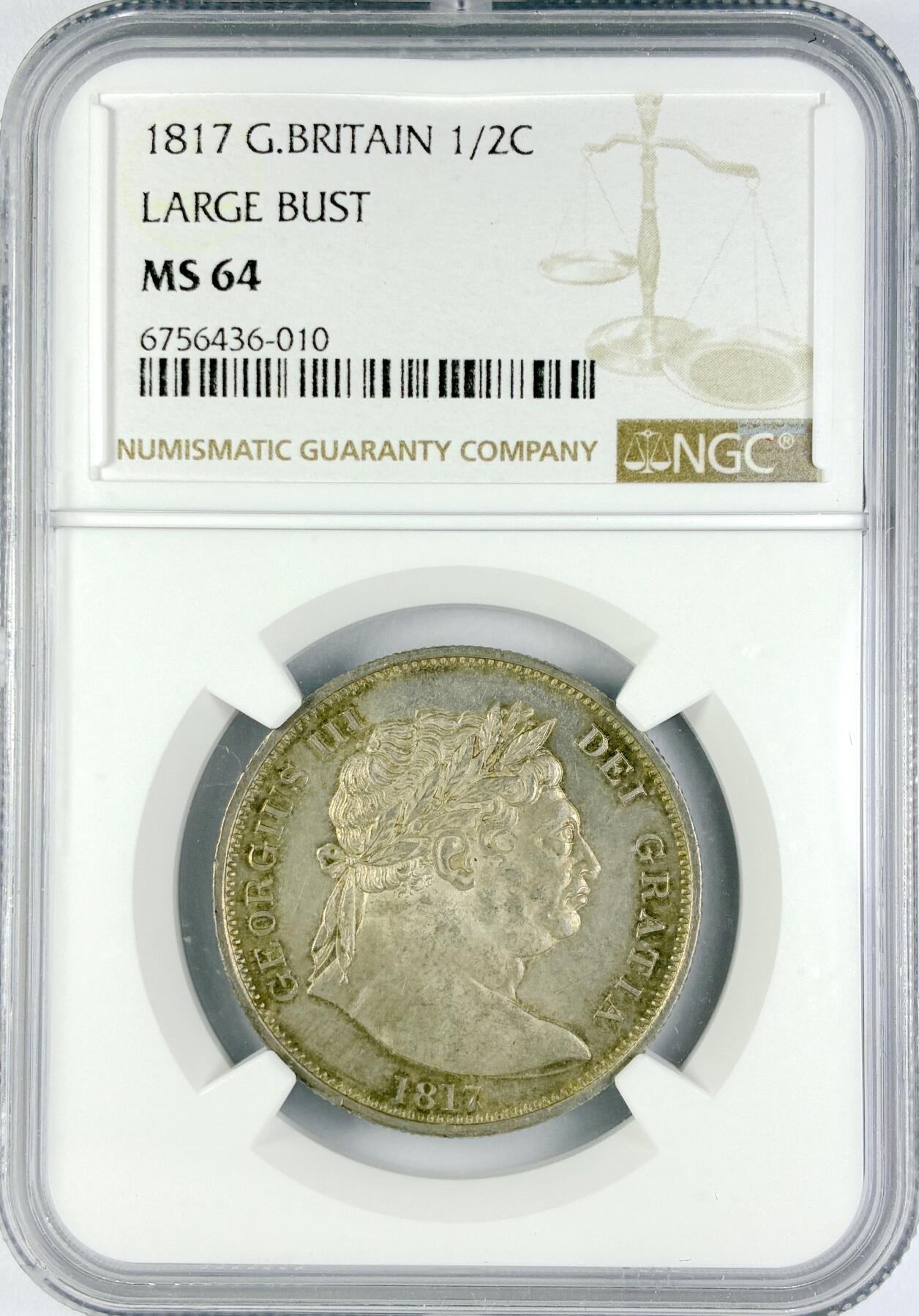 【雨安】【直播拍卖】【世界币章119期-评级币】2025-12-06 周六 19:30 保真 [评级欧洲] Great Britain 英国 1/2克朗 1817年 乔治三世 牛头  NGC-MS64