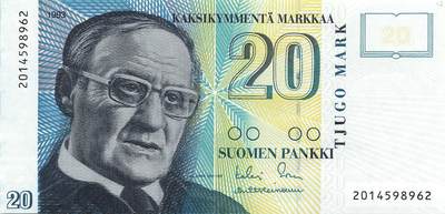 小福收藏拍卖第197期 裸钞场 本期有多张豹子号靓号 百慕大03年50元纪念钞百位号 马来亚和英属婆罗洲开国第一张纸币大冠女王 马来亚 41年1元英王乔六 法属太平洋10000法郎 捷克1000克朗纪念钞千位号  卢森堡 1000法郎  萨尔瓦多样钞 匈牙利 法罗群岛 危地马拉等多国精美纸币 - 芬兰 1993年 20克朗 首版 无LittA 少见品种 unc