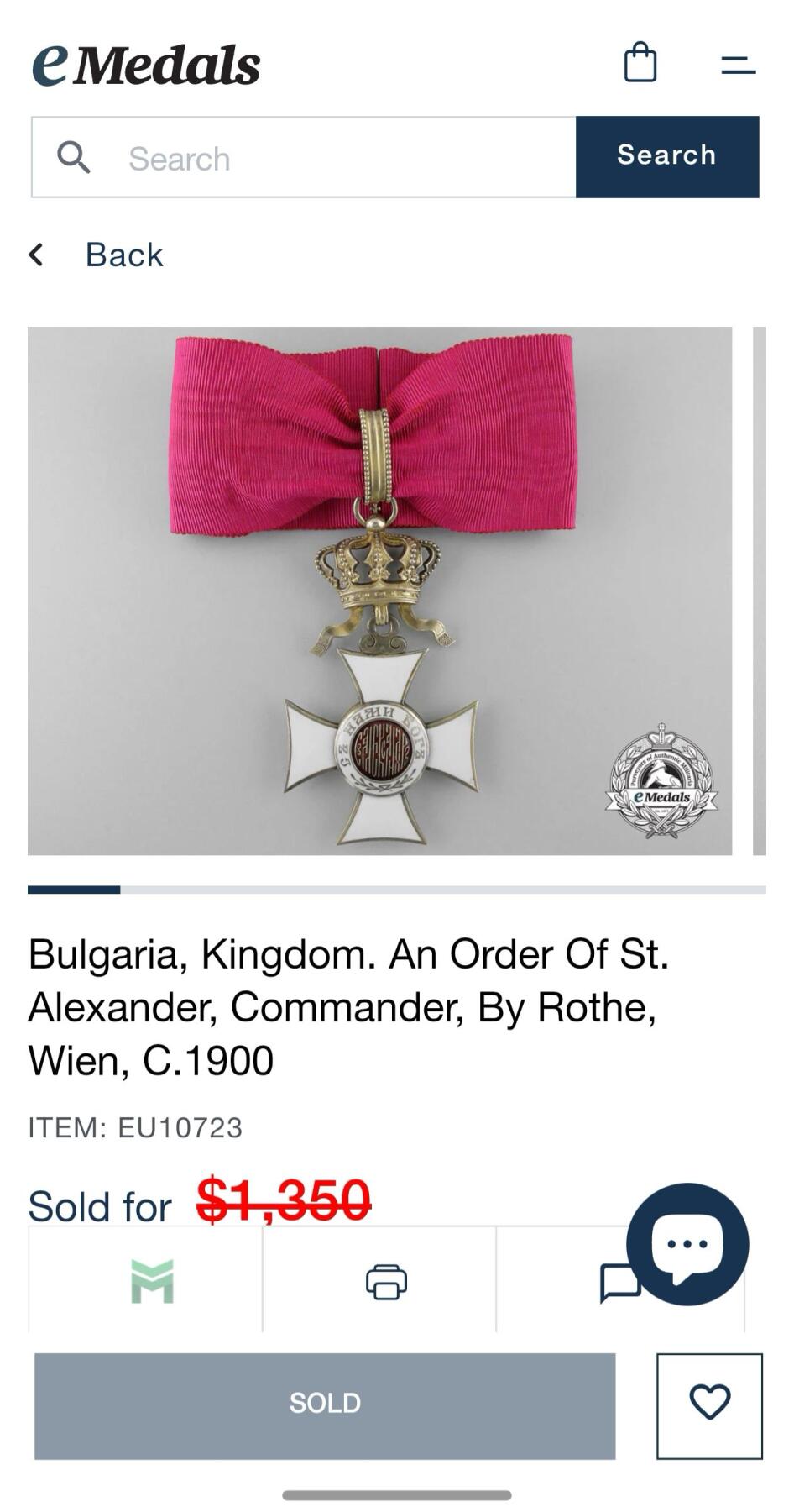 盛世勋华——号角文化勋章邮票专场拍卖第291期 保加利亚（王国）指挥官级圣亚历山大勋章 带皇冠版本（第二版）带原盒 银制镀金 少见 同版本不带盒eMedals售价1350美元 参见图8