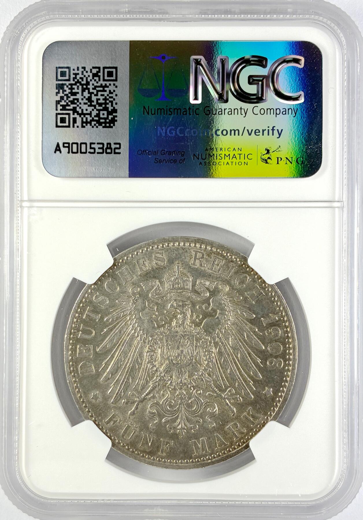 【雨安】【直播拍卖】【世界币章119期-评级币】2025-12-06 周六 19:30 保真 [评级德国] Germany 德国 帝国 J.153b 萨克森-迈宁根 5马克 (1902-1908) 格奥尔格二世 1908年  NGC-UNC