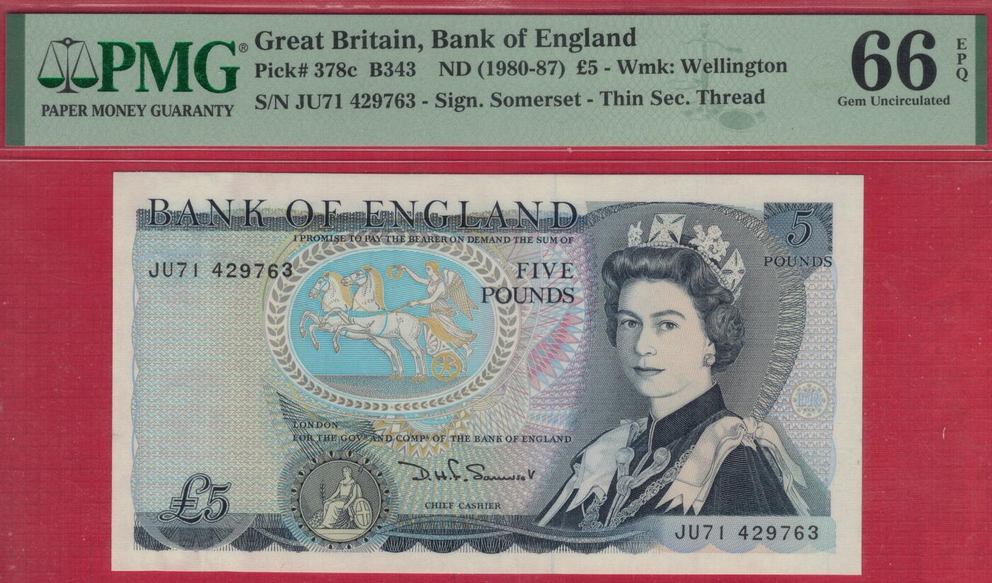 英国1980年至1987年5镑 P-378c 签名D.H.F.Somerset 细安全线 实物图 UNC