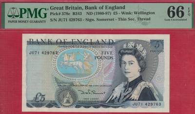 英国1980年至1987年5镑 P-378c 签名D.H.F.Somerset 细安全线 实物图 UNC - 英国1980年至1987年5镑 P-378c 签名D.H.F.Somerset 细安全线 实物图 UNC