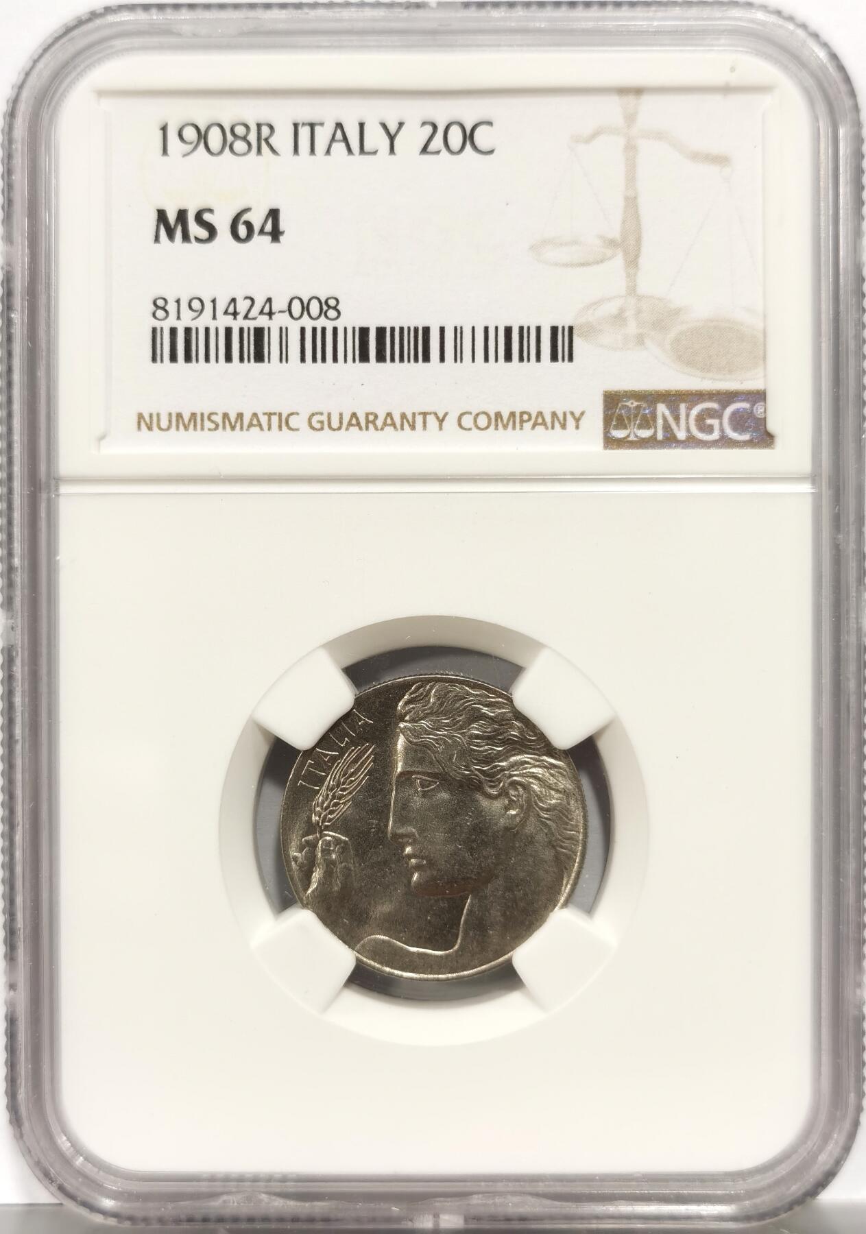 博洋堂世界钱币拍卖第150期（全场包邮） NGC MS64 意大利1908年20分镍币，好品少见品种，飞天女神首年份，艺术性拉满