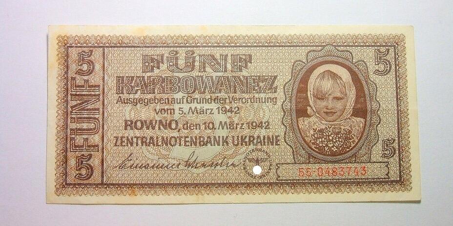 德国第三帝国占乌克兰1942年5卡博瓦内斯（等同5马克） 极美品