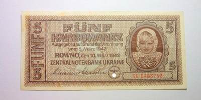 德国第三帝国占乌克兰1942年5卡博瓦内斯（等同5马克） 极美品 - 德国第三帝国占乌克兰1942年5卡博瓦内斯（等同5马克） 极美品