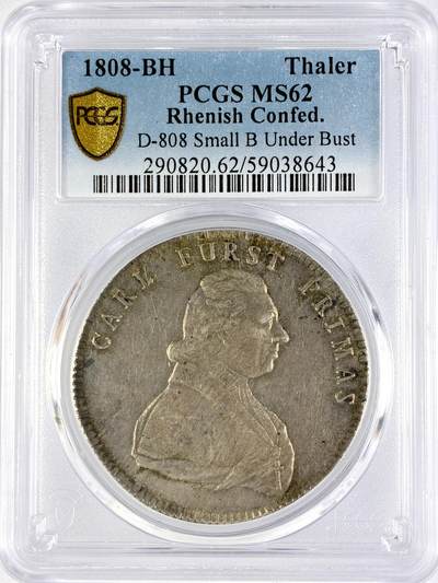 【雨安】【直播拍卖】【世界币章119期-评级币】2025-12-06 周六 19:30 保真 - [评级德国] Germany 德国 德意志 1泰勒 Rhine Confederation莱茵联邦 KM#0003 1808年  PCGS-MS62