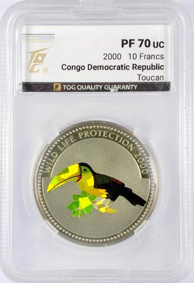 【雨安】【直播拍卖】【世界币章119期-评级币】2025-12-06 周六 19:30 保真 - [评级现代] Congo 刚果 10法郎 2000年 巨嘴鸟 TQG-PF70UC