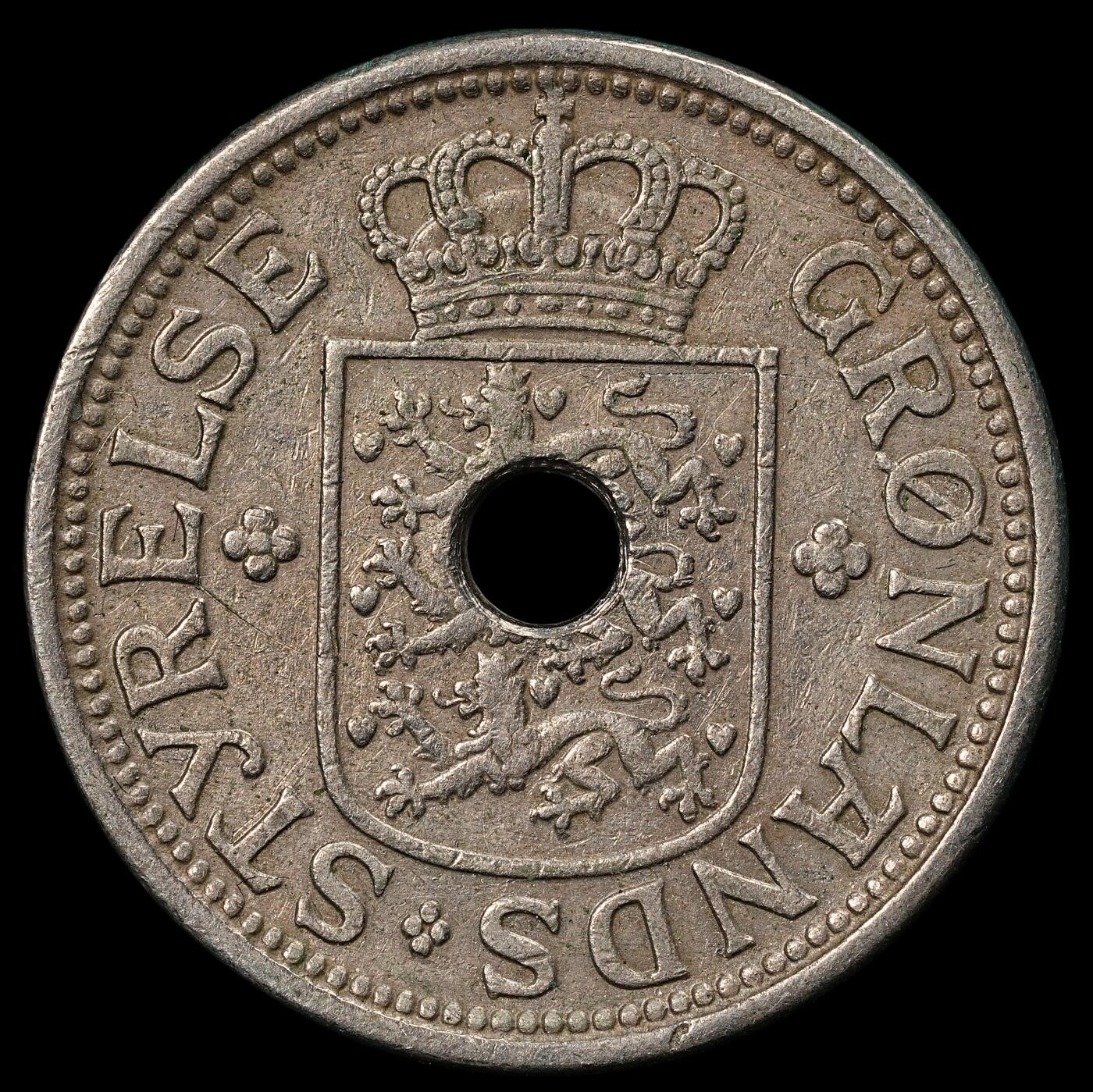 修遠堂世界钱币第九十六期 1926年格陵兰中孔25欧尔  1940/41年在纽约打孔，以避免 与1克朗硬币混淆，仅打孔6万枚