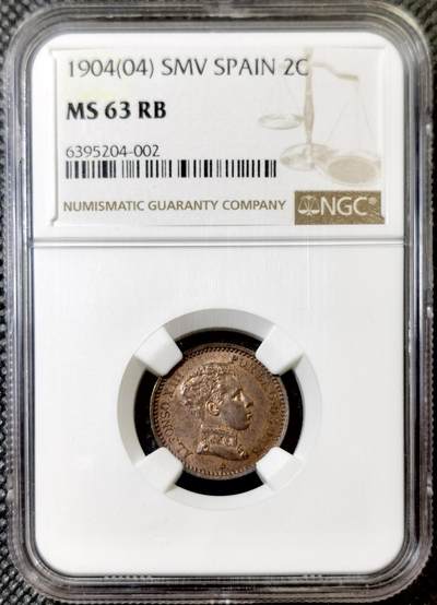 甄臻铺-世界币章拍卖（第42期）送拍享返佣金等优惠多多 - NGC-MS63RB 1904 西班牙阿方索十三世少年头军装双柱2 分铜币