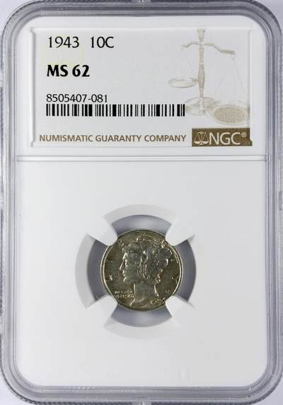 【雨安】【直播拍卖】【世界币章119期-评级币】2025-12-06 周六 19:30 保真 - [评级美洲] USA 美国 10分 (1916-1945) 小飞人 1943年  NGC-MS62