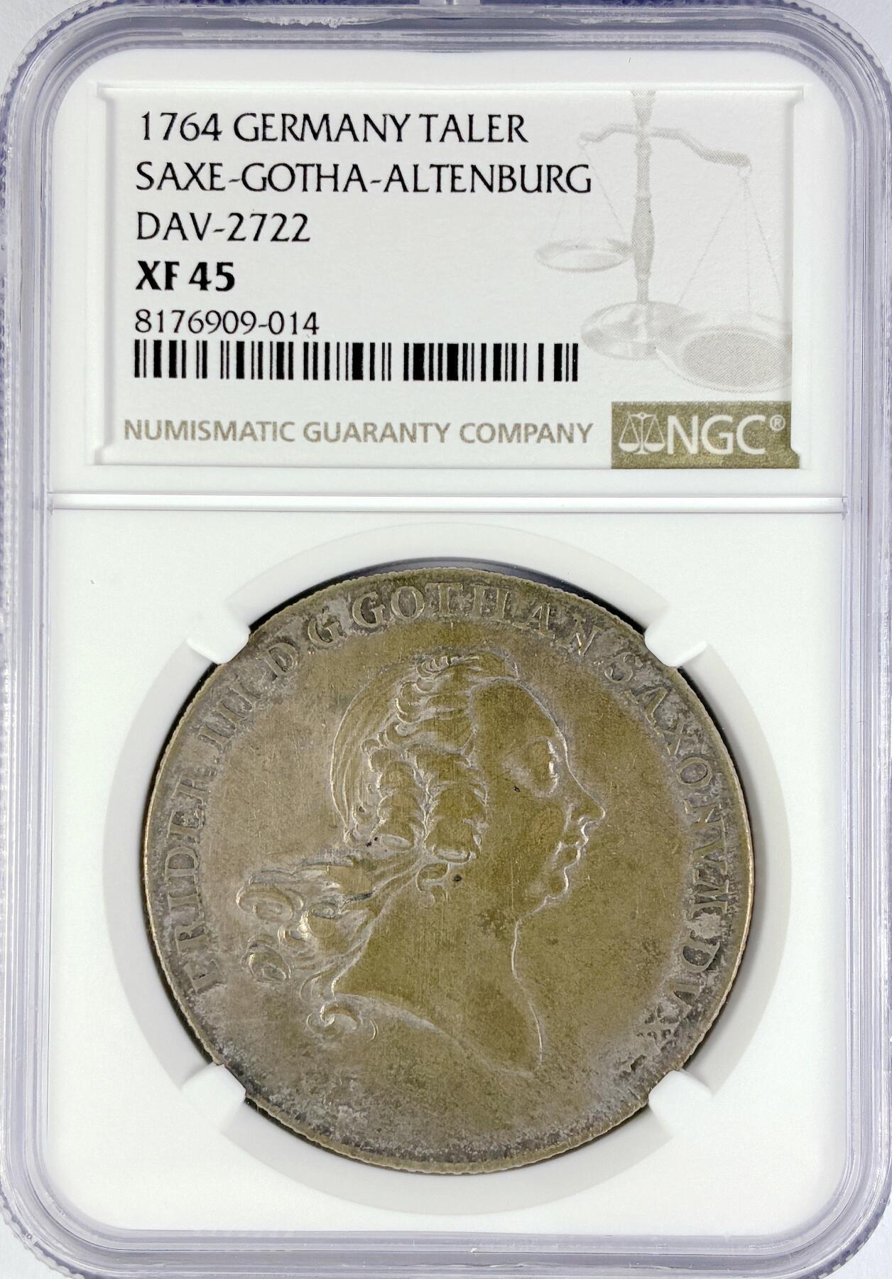 【雨安】【直播拍卖】【世界币章119期-评级币】2025-12-06 周六 19:30 保真 [评级德国] Germany 德国 德意志 1泰勒 Saxony萨克森-Gotha-Altenburg KM#0317 1764年  NGC-XF45