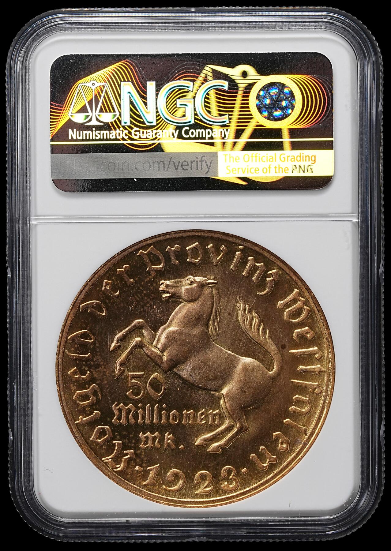 修遠堂世界钱币第九十六期 NGC MS65 1923年德国紧急时期威斯特法伦5000万马克大马币